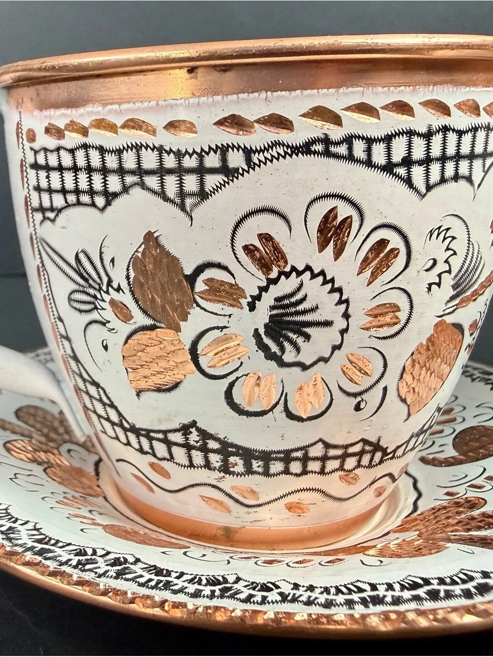 Vintage Handcrafted Copper Mugs Pure Copper Colorful Floral Engravings Turkish